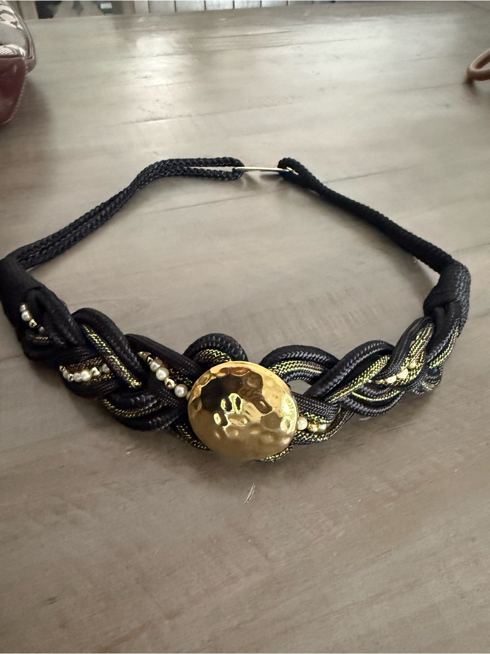 Vintage Style Black Gold Braided Statement Belt Faux Pearl Medallion